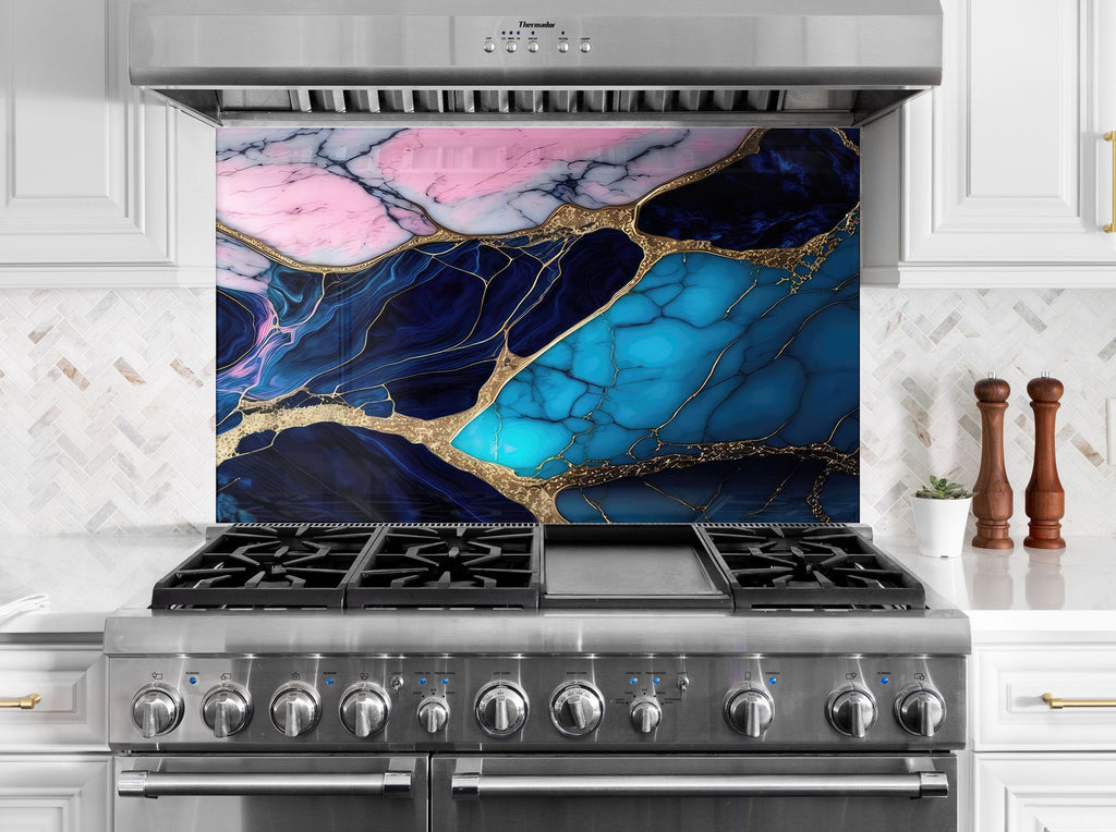 Blue & Pink Marble with Gold Veins - Glass Kitchen Backsplash-BacksplashArtworks