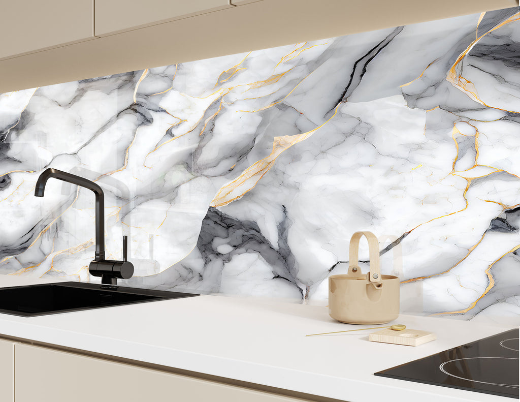 Classic Marble Elegance - Glass Kitchen Backsplash-BacksplashArtworks