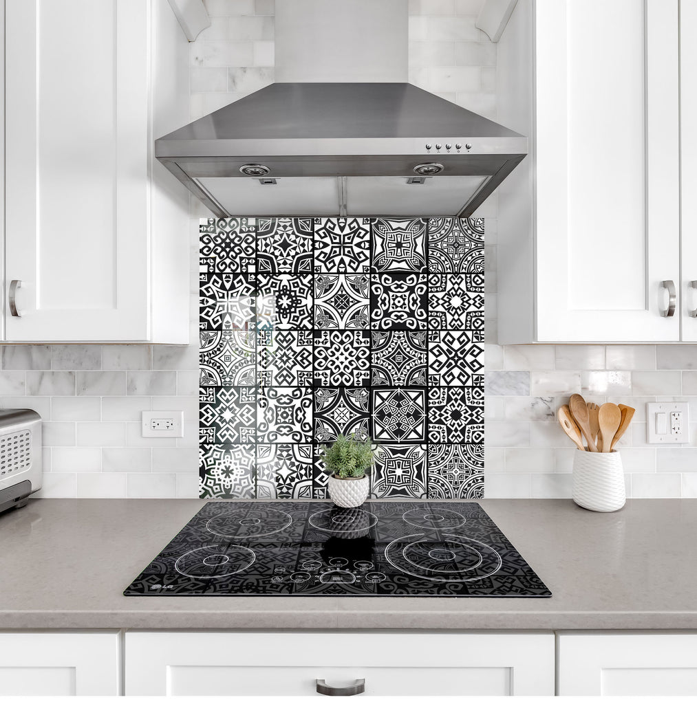 Vibrant Black and White Moroccan Tile Mosaic Glass Kitchen Backsplash-BacksplashArtworks