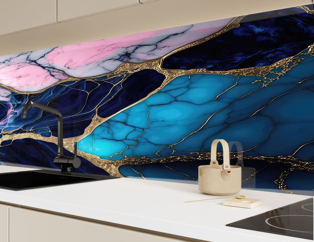 Blue & Pink Marble with Gold Veins - Glass Kitchen Backsplash-BacksplashArtworks
