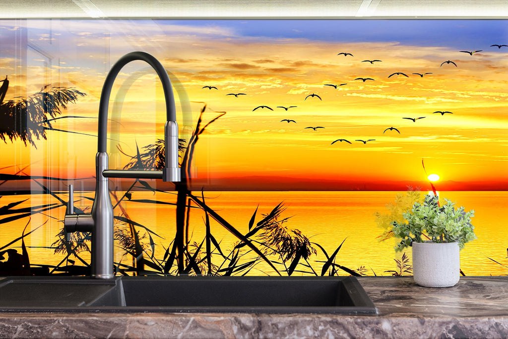 Golden Sunset Serenity – Glass Kitchen Backsplash-BacksplashArtworks