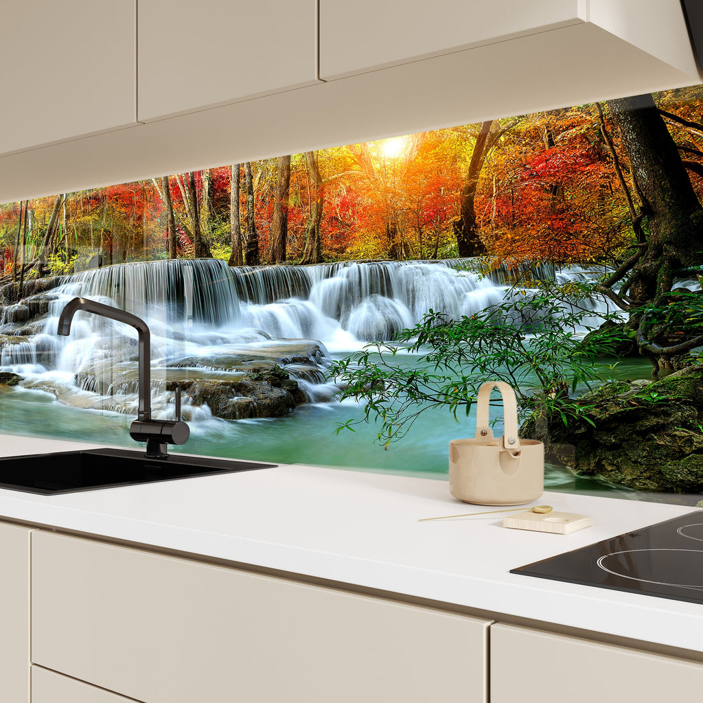 Majestic Waterfall in Autumn – Glass Kitchen Backsplash-BacksplashArtworks