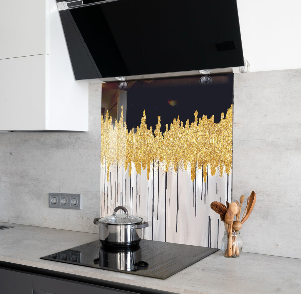 Gold Drip Art - Glass Kitchen Backsplash-BacksplashArtworks