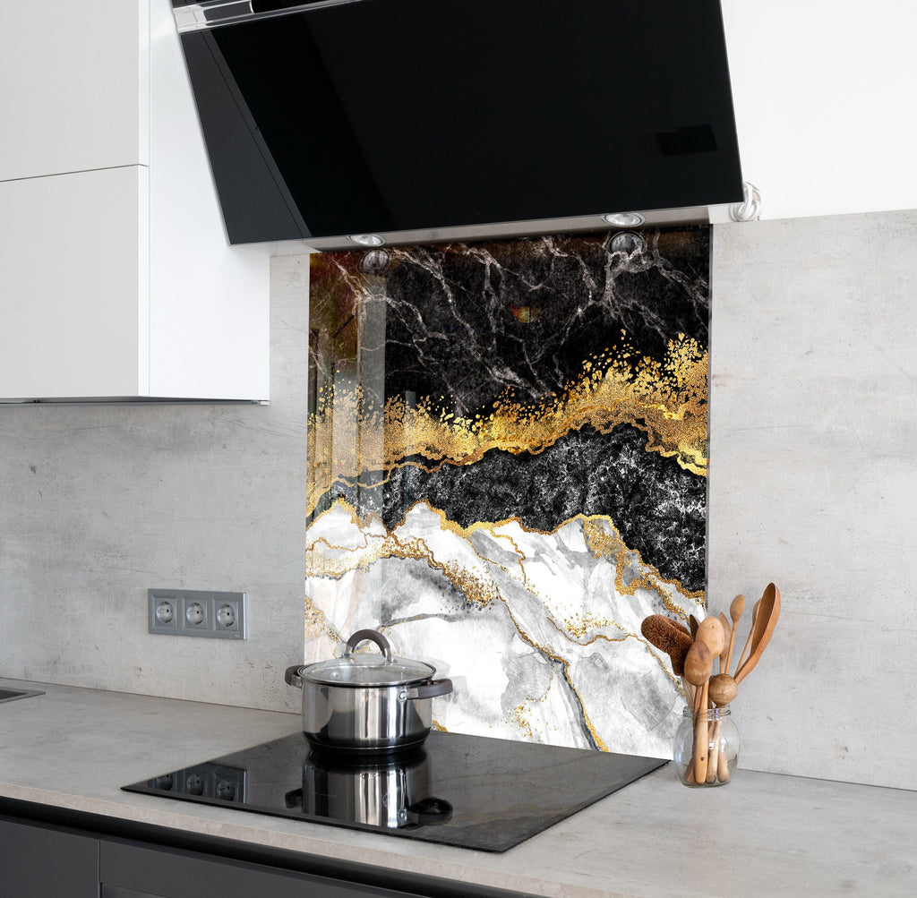 Black & Gold Elegance - Glass Kitchen Backsplash-BacksplashArtworks