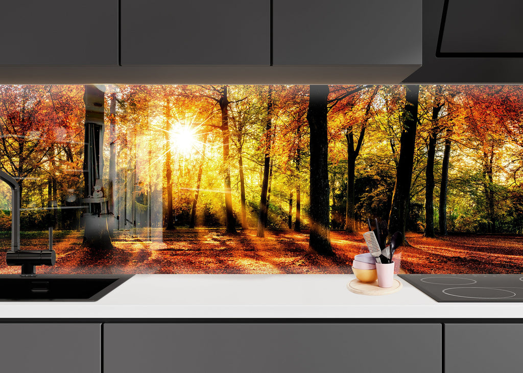 Golden Autumn Forest - Glass Kitchen Backsplash-BacksplashArtworks