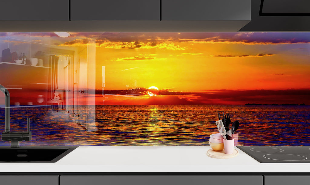 Golden Sunset Ocean Landscape – Glass Kitchen Backsplash-BacksplashArtworks