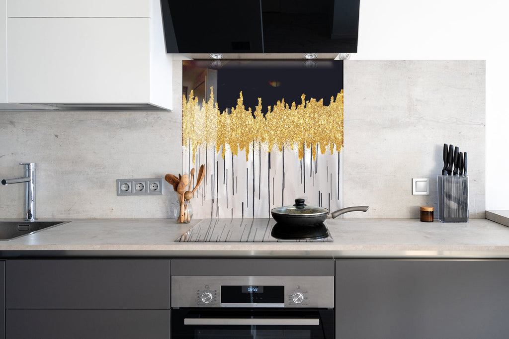 Gold Drip Art - Glass Kitchen Backsplash-BacksplashArtworks
