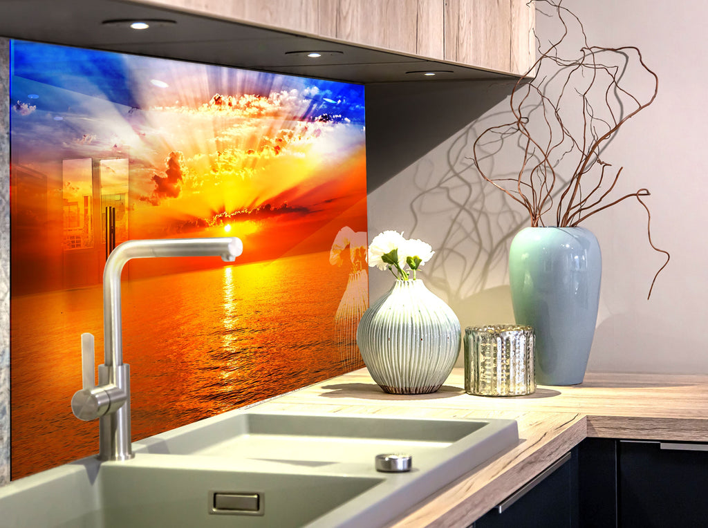 Golden Ocean Sunset Landscape – Glass Kitchen Backsplash-BacksplashArtworks