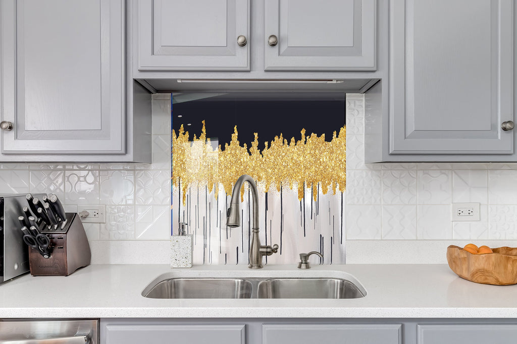 Gold Drip Art - Glass Kitchen Backsplash-BacksplashArtworks