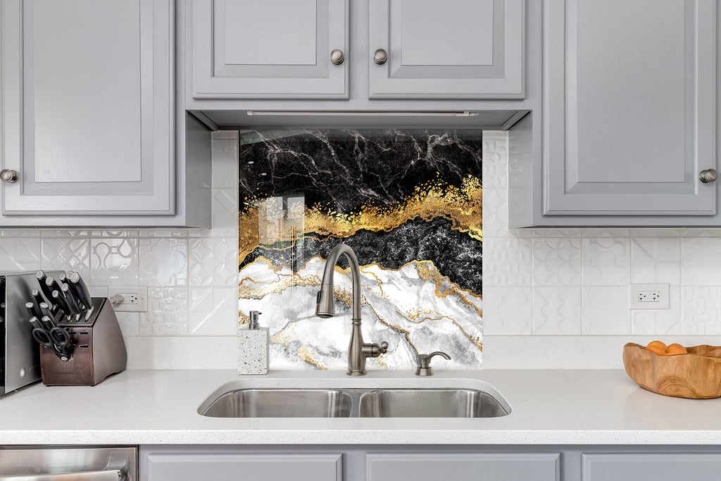 Black & Gold Elegance - Glass Kitchen Backsplash-BacksplashArtworks