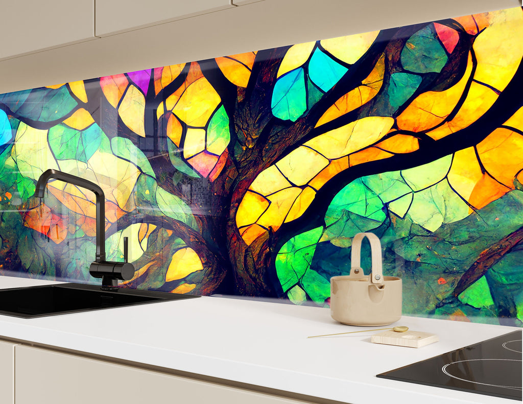 Vibrant Tree of Life Stained Wall Art - Glass Kitchen Backsplash-BacksplashArtworks