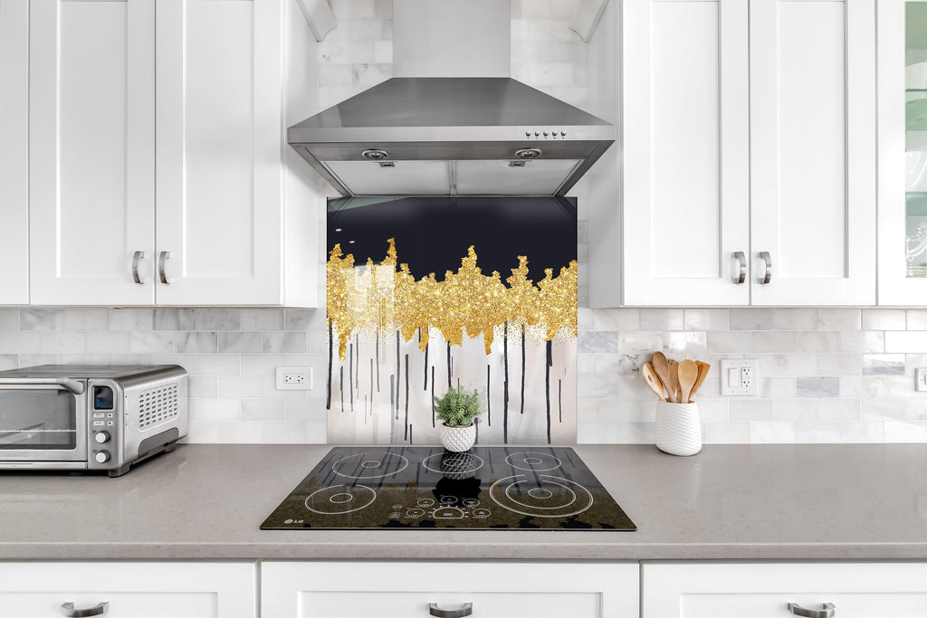 Gold Drip Art - Glass Kitchen Backsplash-BacksplashArtworks