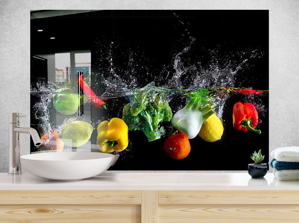 Fresh Veggie Splash Glass Kitchen Backsplash – Colorful Healthy Design-BacksplashArtworks