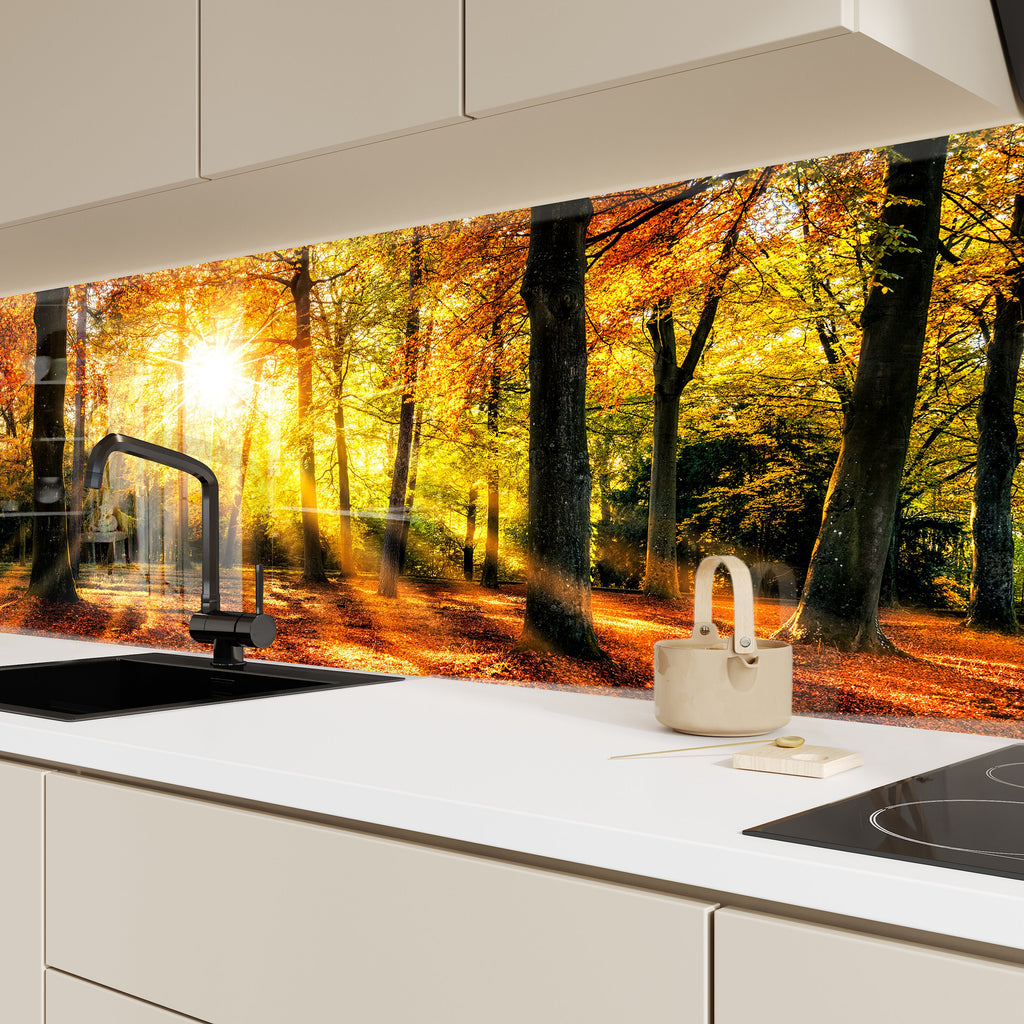 Golden Autumn Forest - Glass Kitchen Backsplash-BacksplashArtworks
