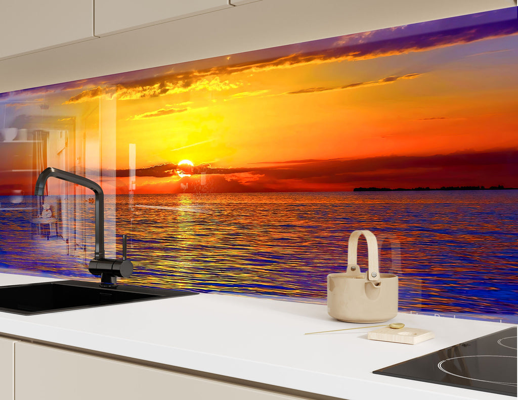 Golden Sunset Ocean Landscape – Glass Kitchen Backsplash-BacksplashArtworks