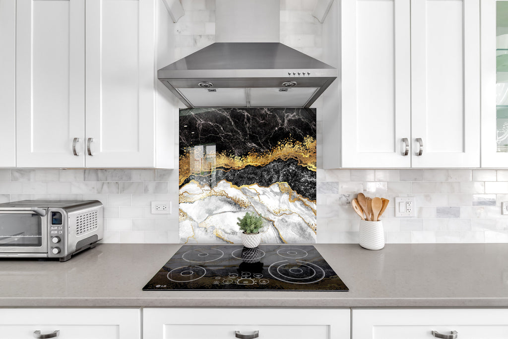 Black & Gold Elegance - Glass Kitchen Backsplash-BacksplashArtworks
