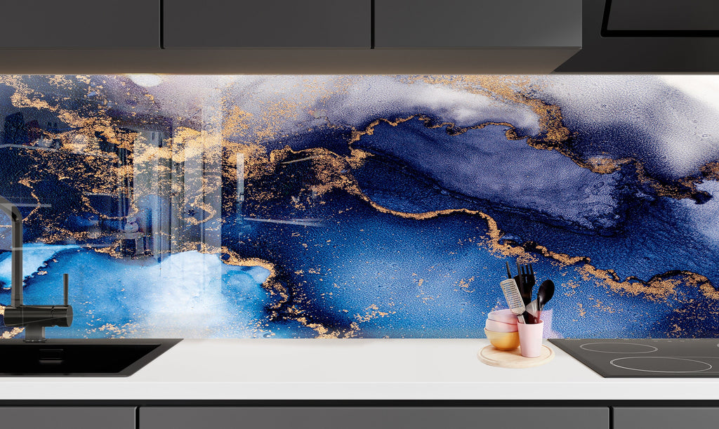 Blue & Gold Ocean Flow - Glass Bathroom Backsplash-BacksplashArtworks