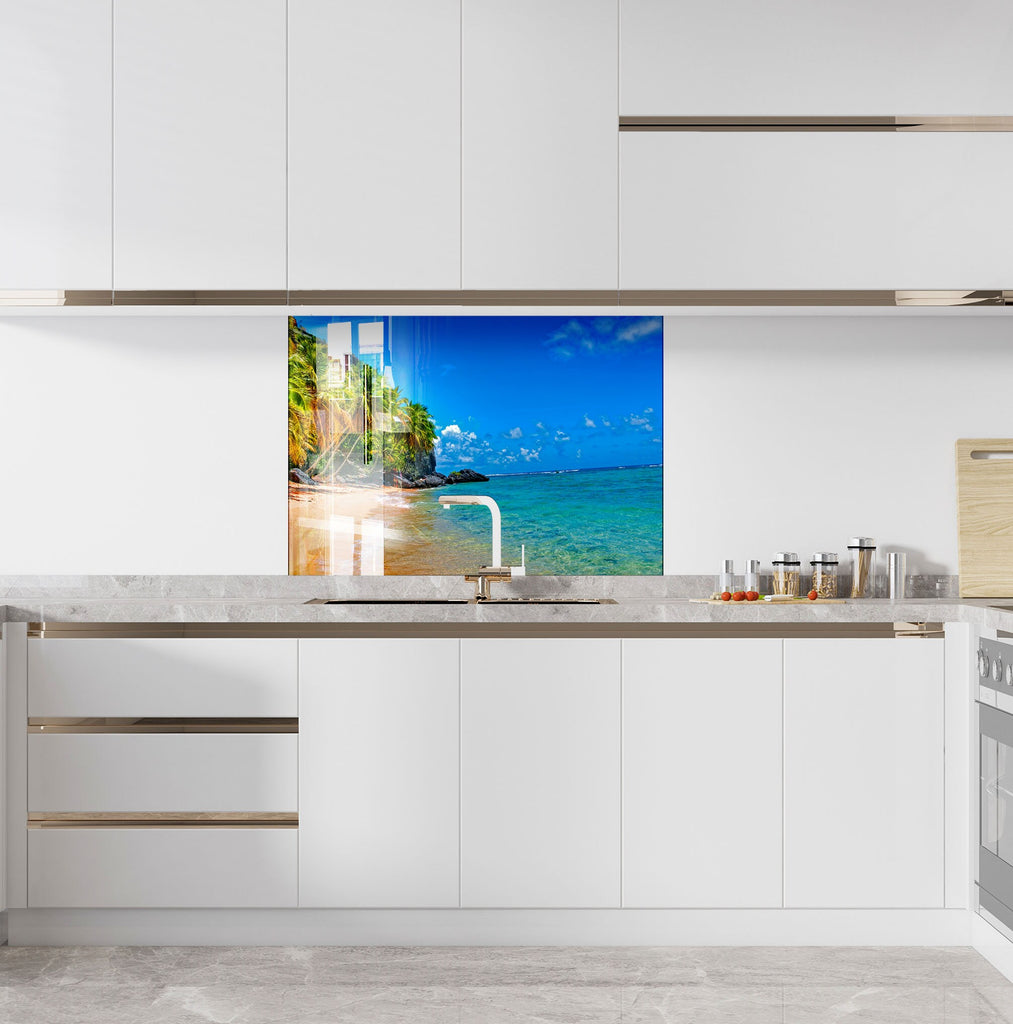Tropical Paradise Beach – Glass Kitchen Backsplash-BacksplashArtworks