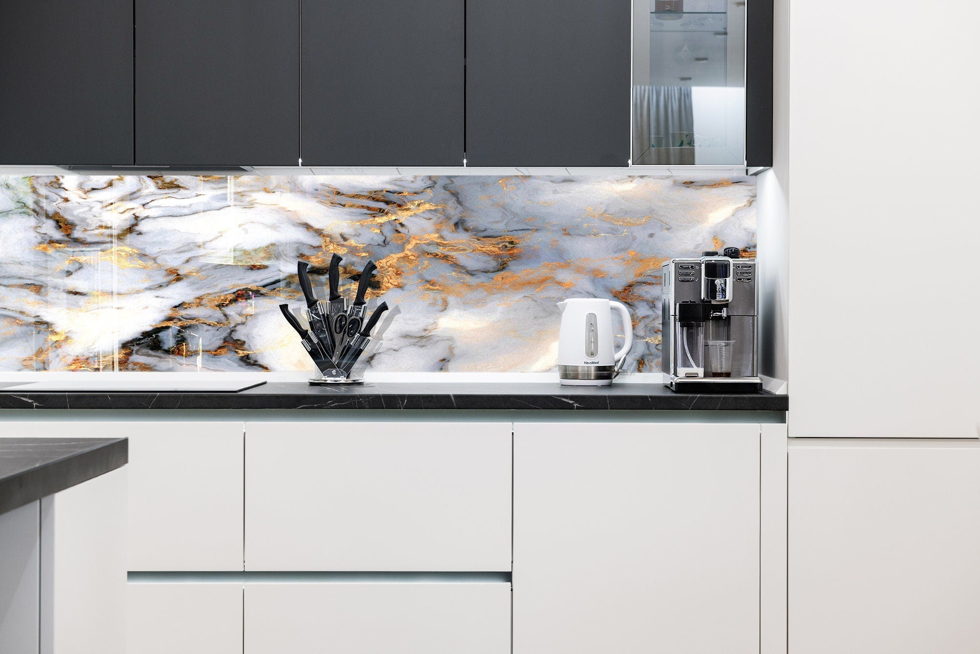 Gold White Marble Vein Glass Kitchen | Backsplash Artworks ...