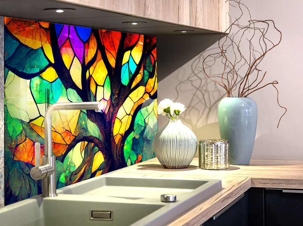 Vibrant Tree of Life Stained Wall Art - Glass Kitchen Backsplash-BacksplashArtworks