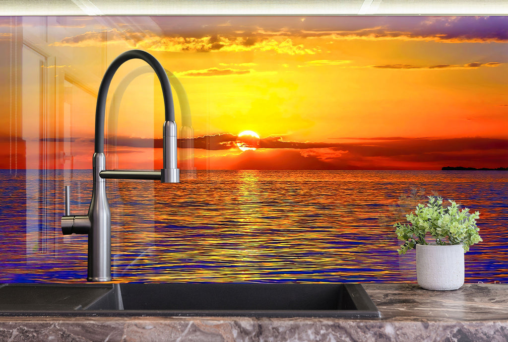 Golden Sunset Ocean Landscape – Glass Kitchen Backsplash-BacksplashArtworks