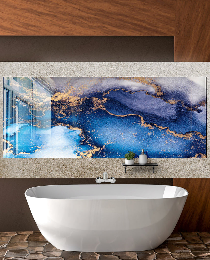 Blue & Gold Ocean Flow - Glass Bathroom Backsplash-BacksplashArtworks
