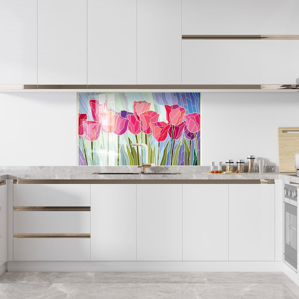 Floral Pink Tulip Stained - Glass Kitchen Backsplash-BacksplashArtworks