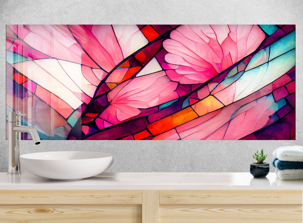 Pink Floral Stained - Glass Kitchen Backsplash-BacksplashArtworks