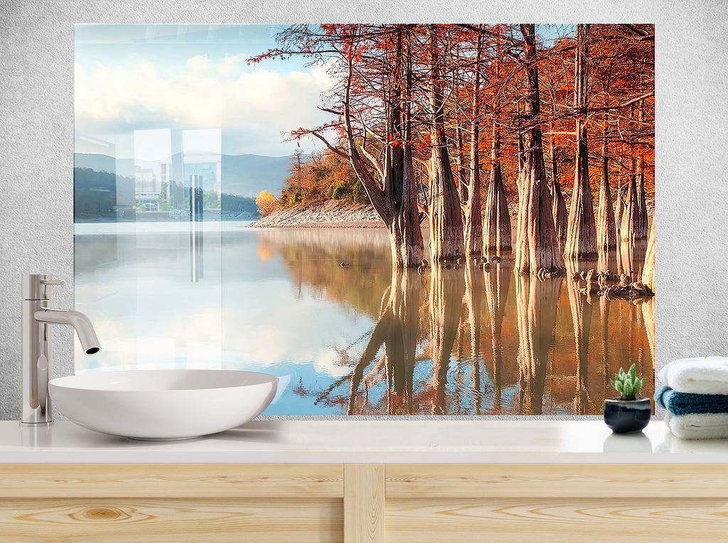 Autumn Cypress Reflections - Glass Kitchen Backsplash-BacksplashArtworks