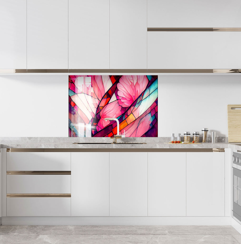 Pink Floral Stained - Glass Kitchen Backsplash-BacksplashArtworks