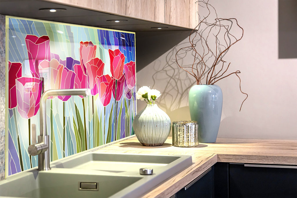 Floral Pink Tulip Stained - Glass Kitchen Backsplash-BacksplashArtworks