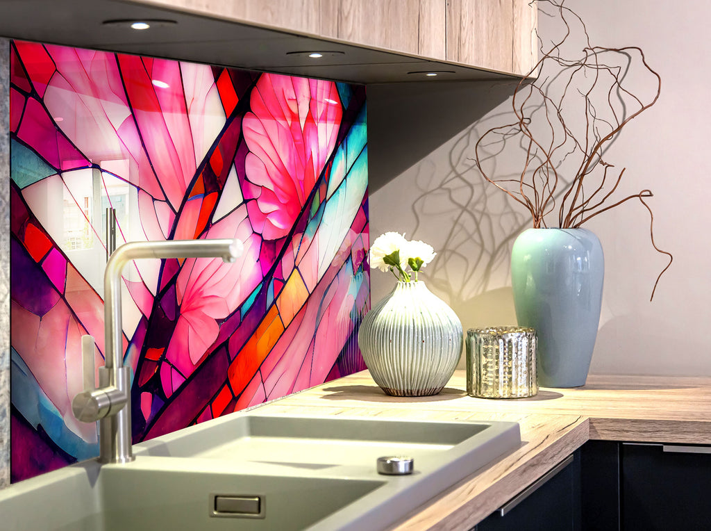 Pink Floral Stained - Glass Kitchen Backsplash-BacksplashArtworks