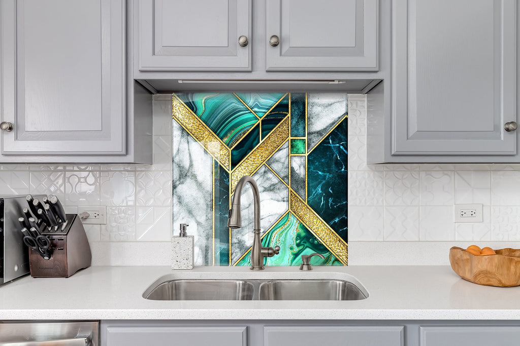 Luxury Emerald & Gold - Glass Kitchen Backsplash-BacksplashArtworks
