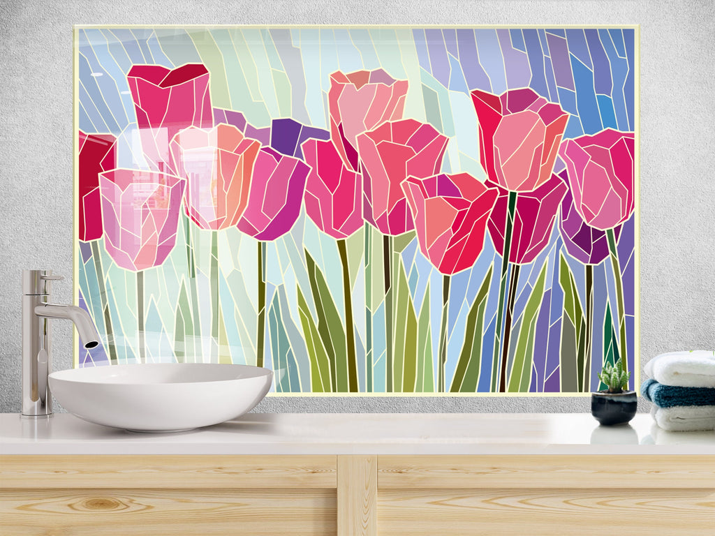Floral Pink Tulip Stained - Glass Kitchen Backsplash-BacksplashArtworks