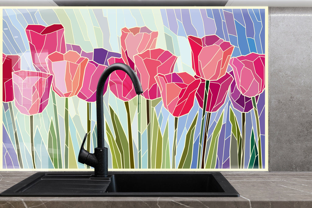 Floral Pink Tulip Stained - Glass Kitchen Backsplash-BacksplashArtworks