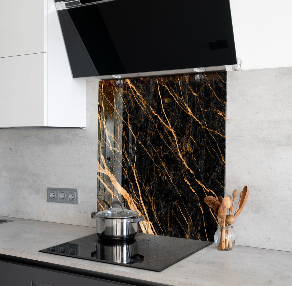Black Marble with Gold Veins - Glass Kitchen Backsplash-BacksplashArtworks