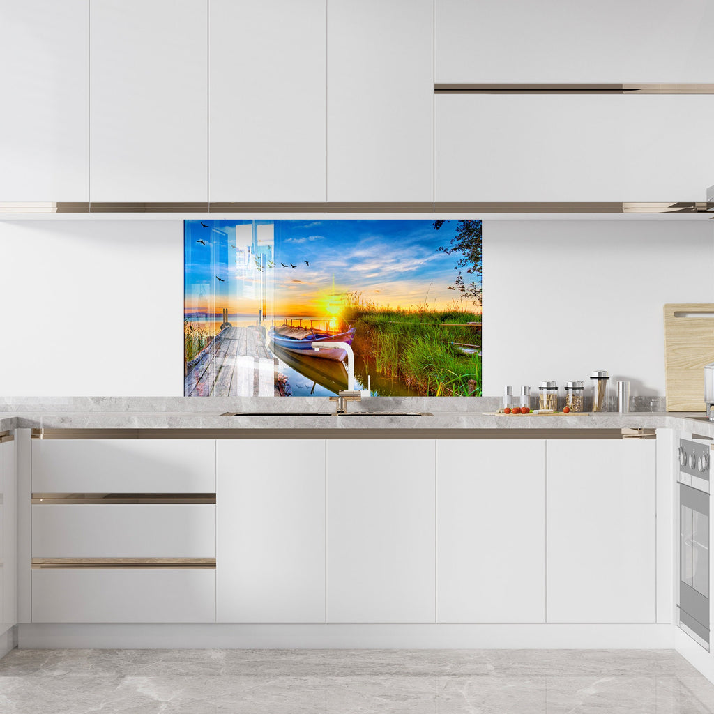 Sunset Lake Dock – Glass Kitchen Backsplash-BacksplashArtworks