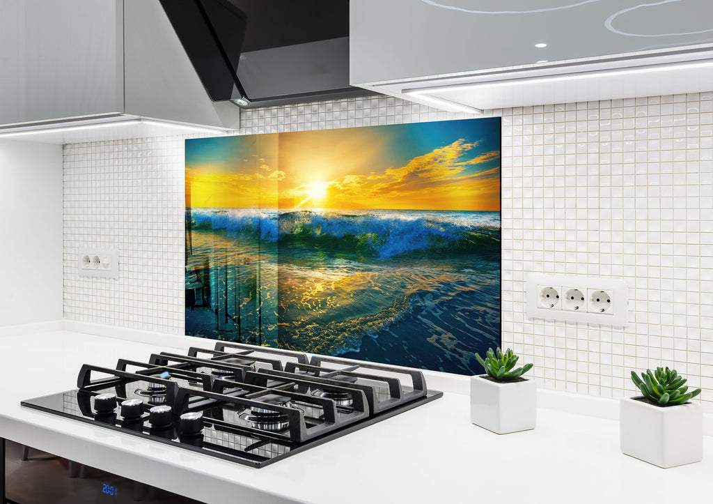 Golden Ocean Waves - Glass Kitchen Backsplash-BacksplashArtworks