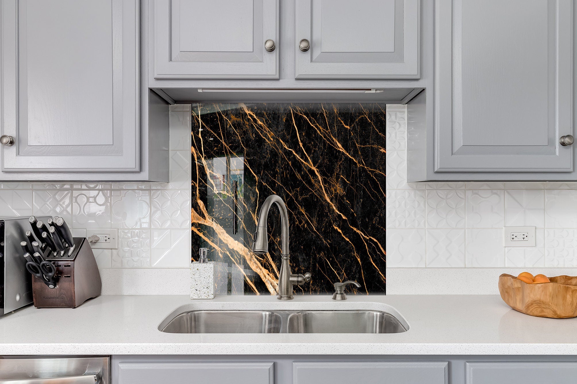 Black Marble Gold Veins Glass Kitchen | Backsplash Artworks ...