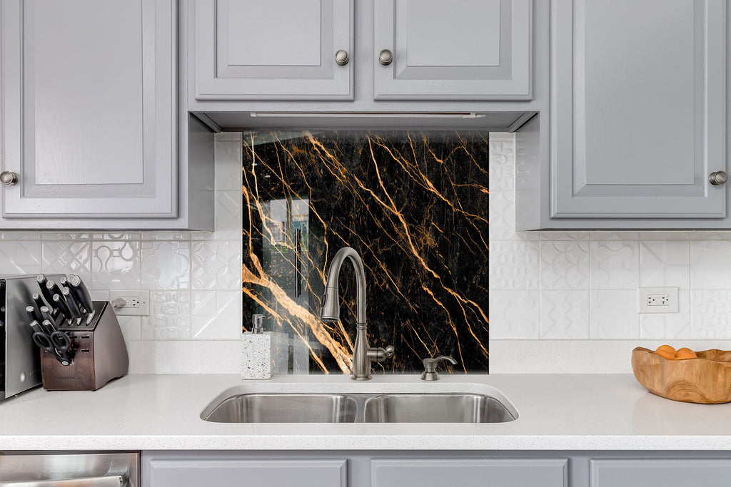 Black Marble with Gold Veins - Glass Kitchen Backsplash-BacksplashArtworks