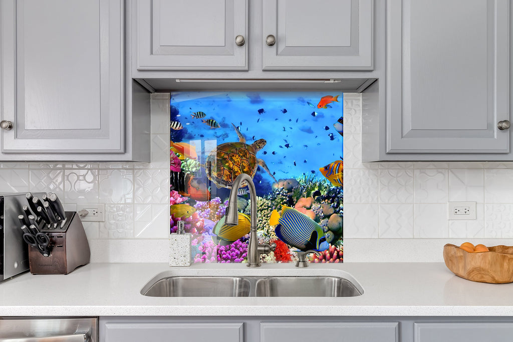 Vibrant Coral Reef Aquarium Glass Kitchen Backsplash – Turtle & Fish Design-BacksplashArtworks