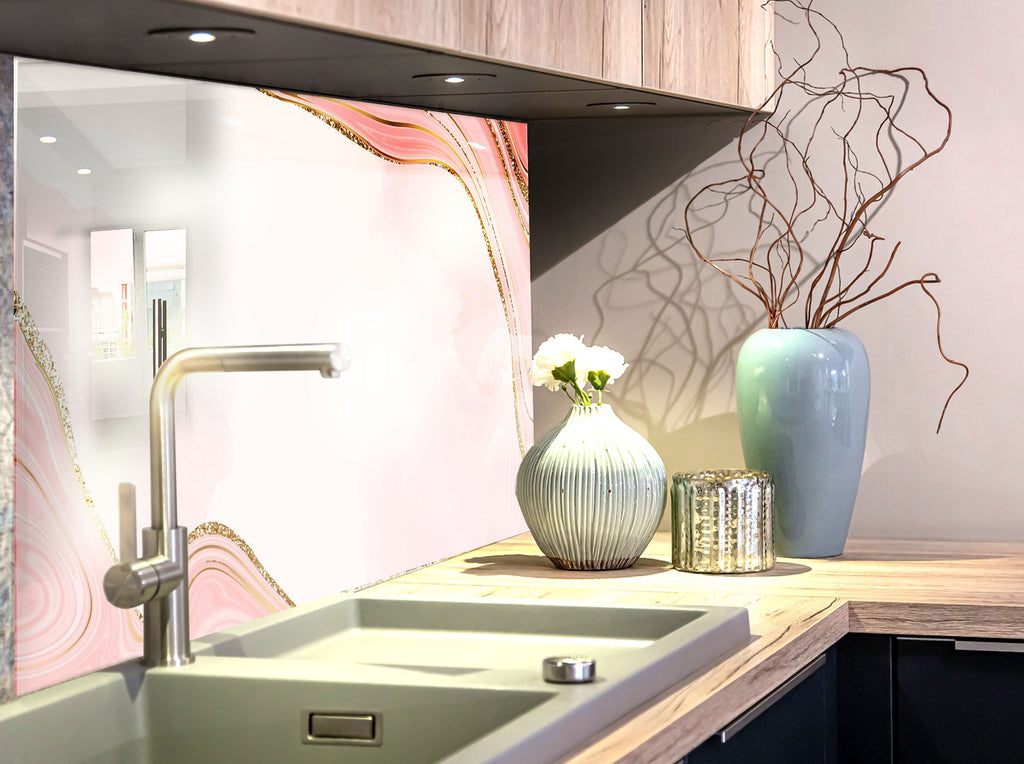 Soft Pink Marble with Gold Veins - Glass Kitchen Backsplash-BacksplashArtworks
