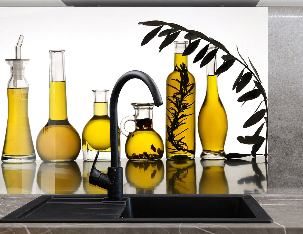 Olive Oil Glass Kitchen Backsplash – Elegant Olive Bottles Design-BacksplashArtworks