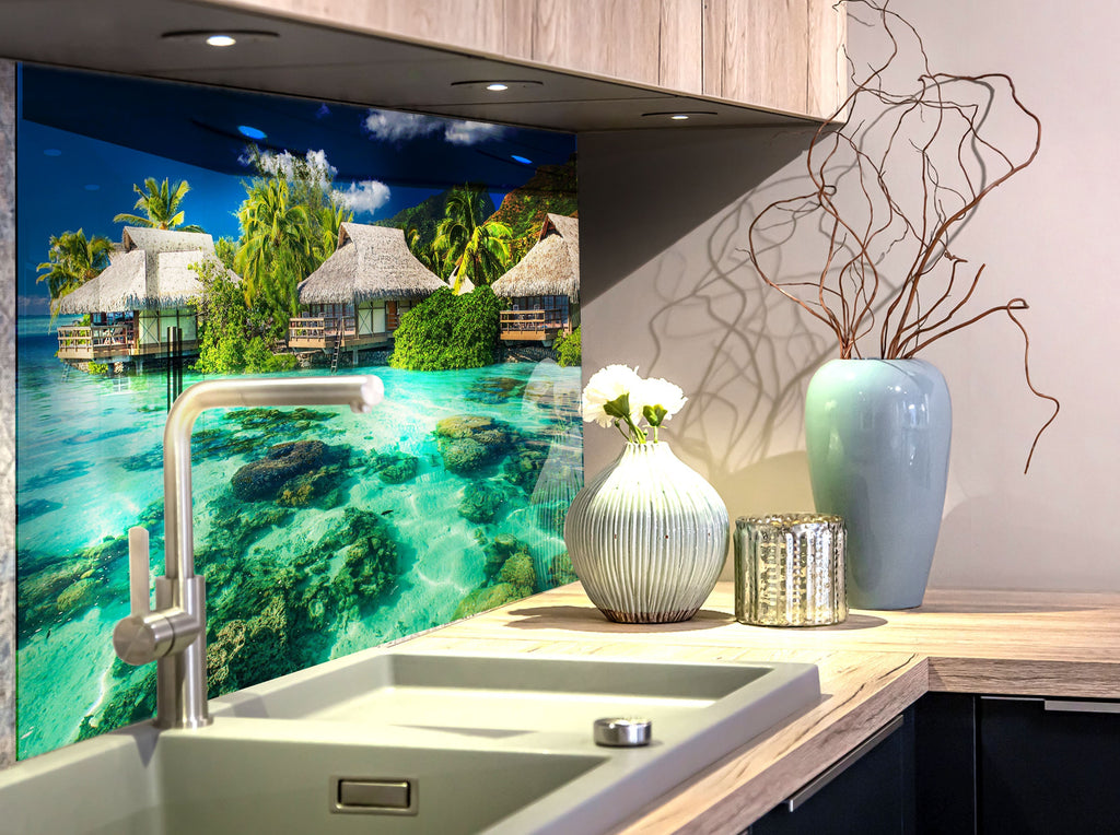 Tropical Overwater Bungalow Wall Art – Glass Backsplash-BacksplashArtworks