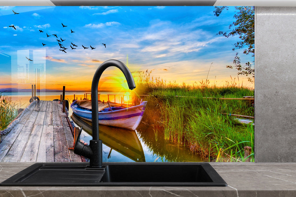 Sunset Lake Dock – Glass Kitchen Backsplash-BacksplashArtworks