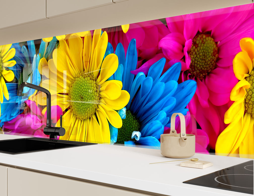 Colorful Flowers Tempered Glass Backsplash-BacksplashArtworks