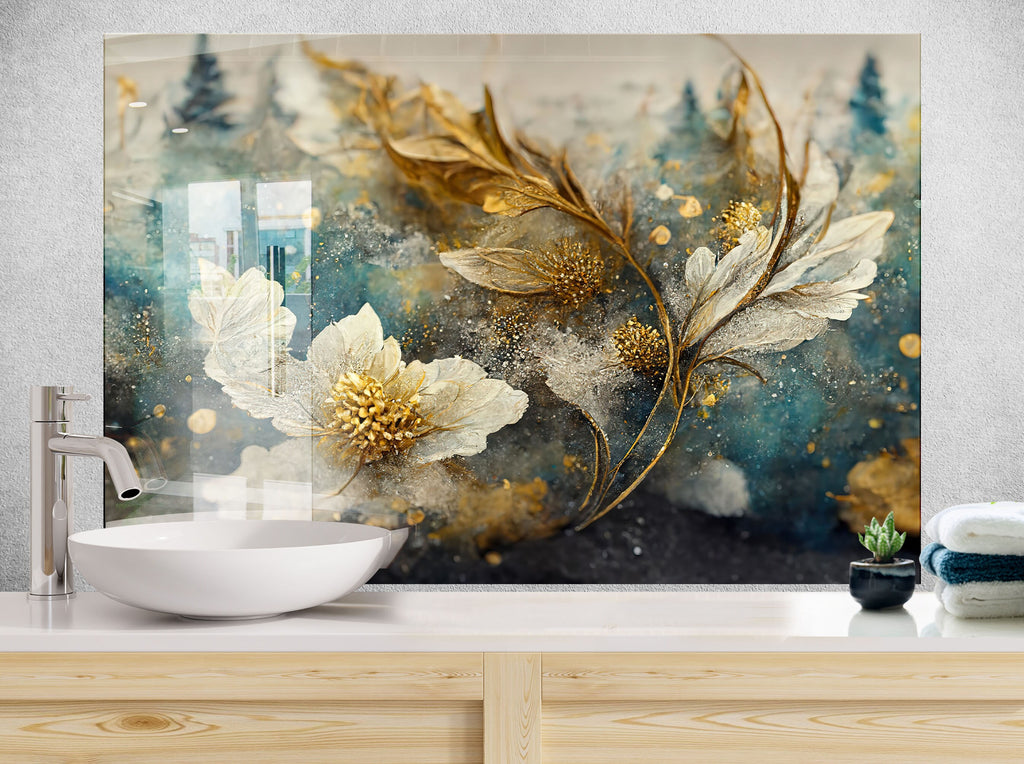 Botanical Floral Tempered Glass Backsplash-BacksplashArtworks