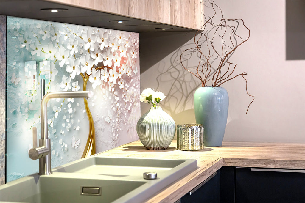 Botanical Floral Tempered Glass Backsplash-BacksplashArtworks