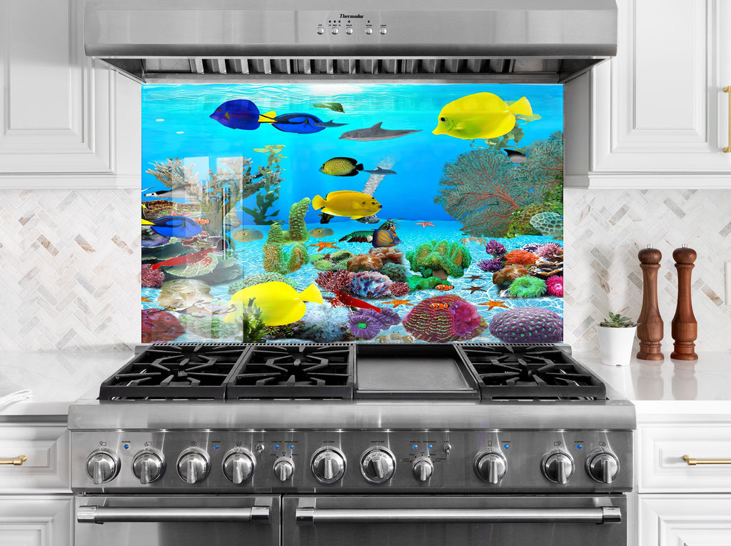 Vibrant Ocean Glass Kitchen Backsplash – Fish & Coral Reef Design-BacksplashArtworks