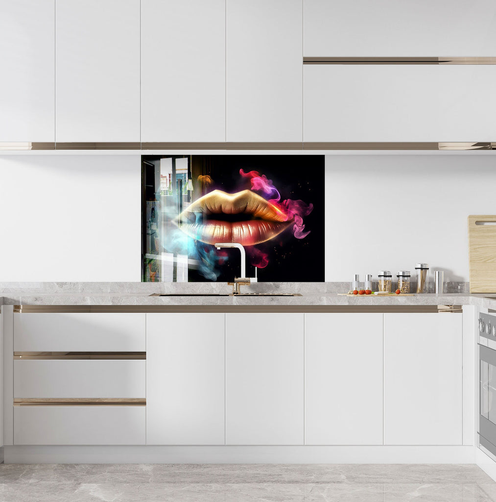 Golden Smoke Lips - Glass Kitchen Backsplash-BacksplashArtworks